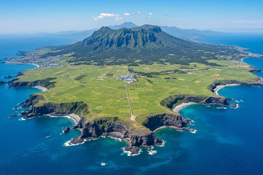 Aerial view of Jeju fields and volcanic cliffs